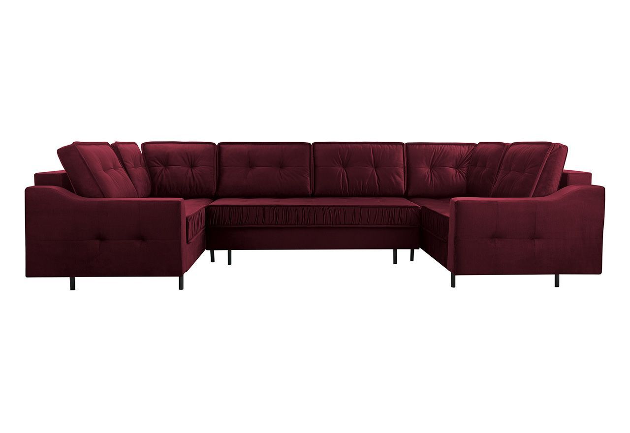 Nowoczesny narożnik glamour do dużego salonu ABETO rozkładany z bordową tapicerką
