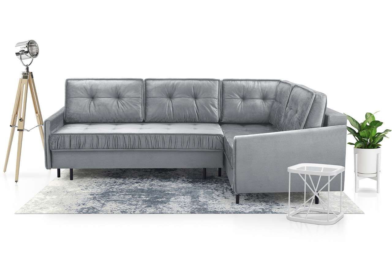 Elegancka kanapa narożna do salonu i pokoju dziennego AGENO z jasnoszarą pikowaną tapicerką w stylu glamour