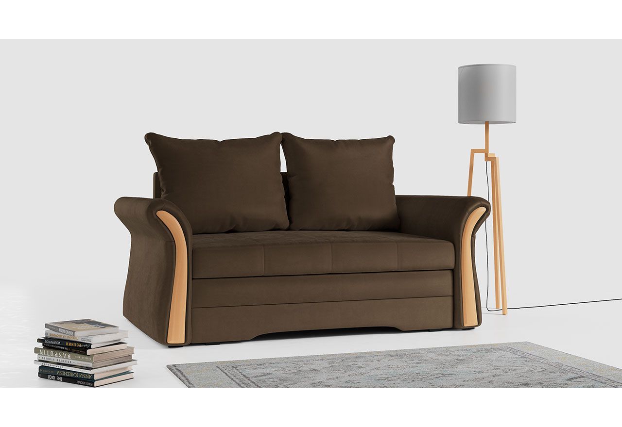 Sofa dwuosobowa z funkcją spania i pojemnikiem na pościel w brązowej tkaninie welurowej - PRATO