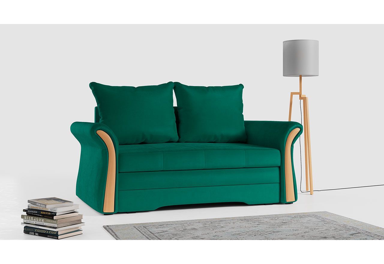 Modna sofa do salonu, dwuosobowa, rozkładana w butelkowej zieleni, idealna do salonu - PRATO