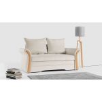 Sofa 2-osobowa granatowa, rozkładana z funkcją spania i akcentami drewnianymi do salonu - PRATO