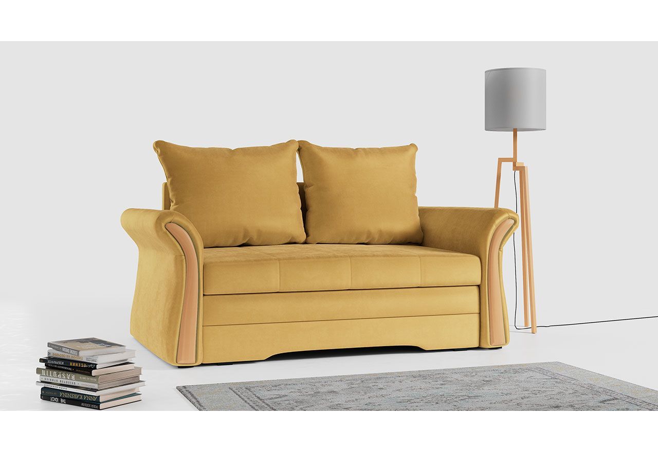 Sofa 2-osobowa granatowa, rozkładana z funkcją spania i akcentami drewnianymi do salonu - PRATO