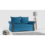 Sofa 2-osobowa granatowa, rozkładana z funkcją spania i akcentami drewnianymi do salonu - PRATO