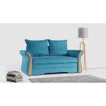 Sofa 2-osobowa granatowa, rozkładana z funkcją spania i akcentami drewnianymi do salonu - PRATO