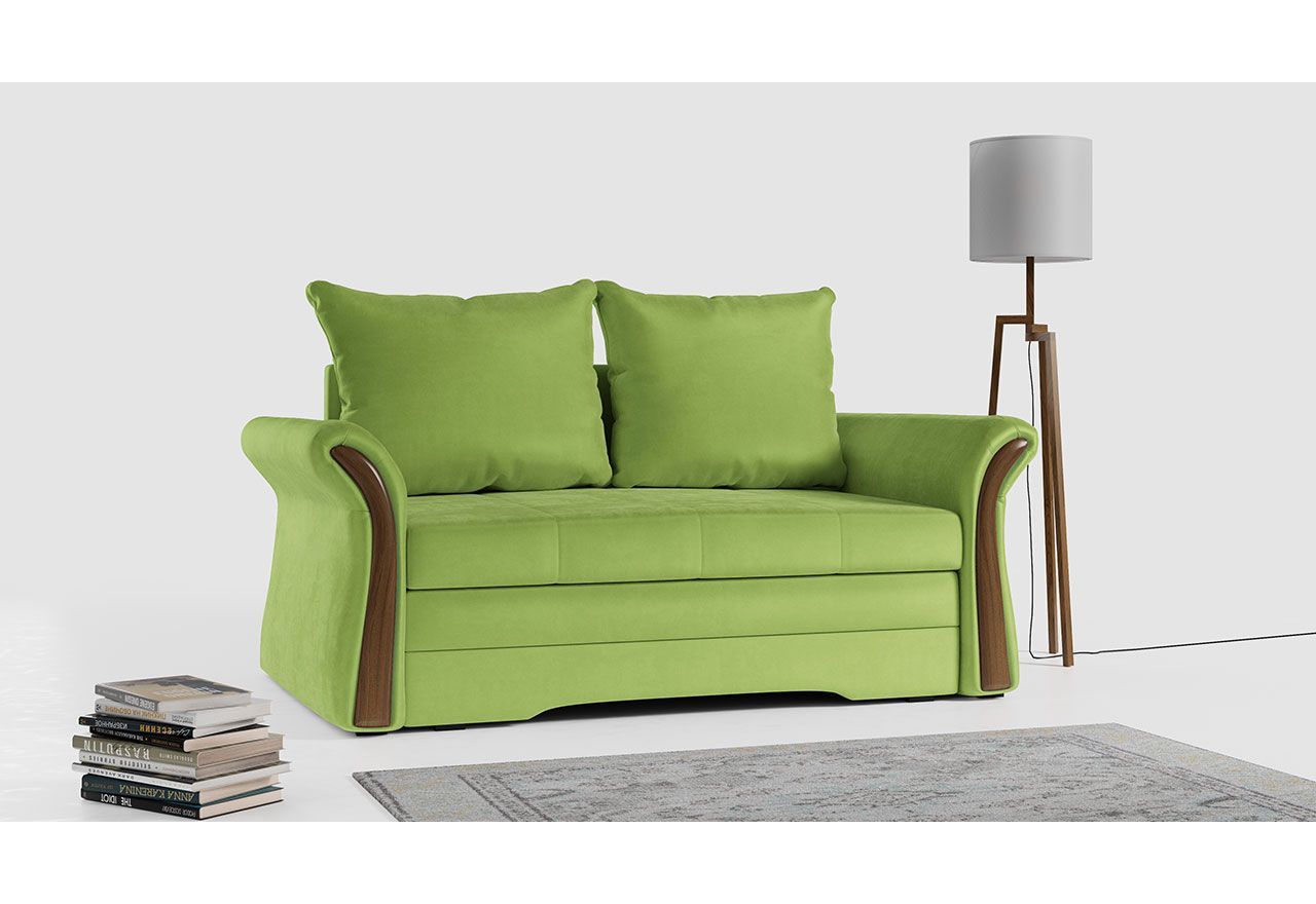 Sofa 2-osobowa granatowa, rozkładana z funkcją spania i akcentami drewnianymi do salonu - PRATO