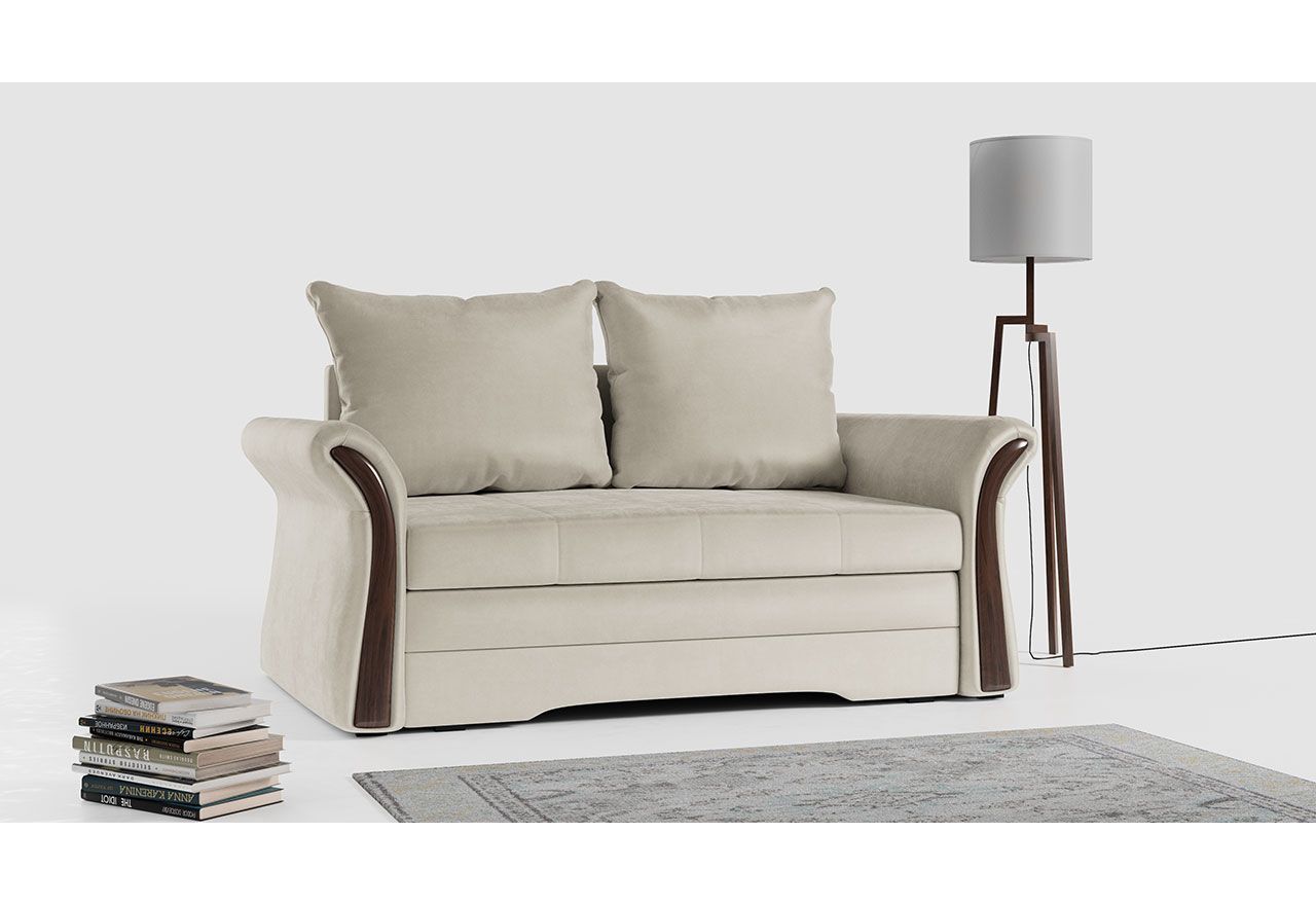 Sofa 2-osobowa granatowa, rozkładana z funkcją spania i akcentami drewnianymi do salonu - PRATO