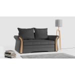 Sofa 2-osobowa granatowa, rozkładana z funkcją spania i akcentami drewnianymi do salonu - PRATO