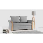 Sofa 2-osobowa granatowa, rozkładana z funkcją spania i akcentami drewnianymi do salonu - PRATO