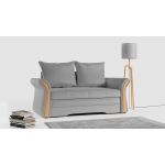 Sofa 2-osobowa granatowa, rozkładana z funkcją spania i akcentami drewnianymi do salonu - PRATO