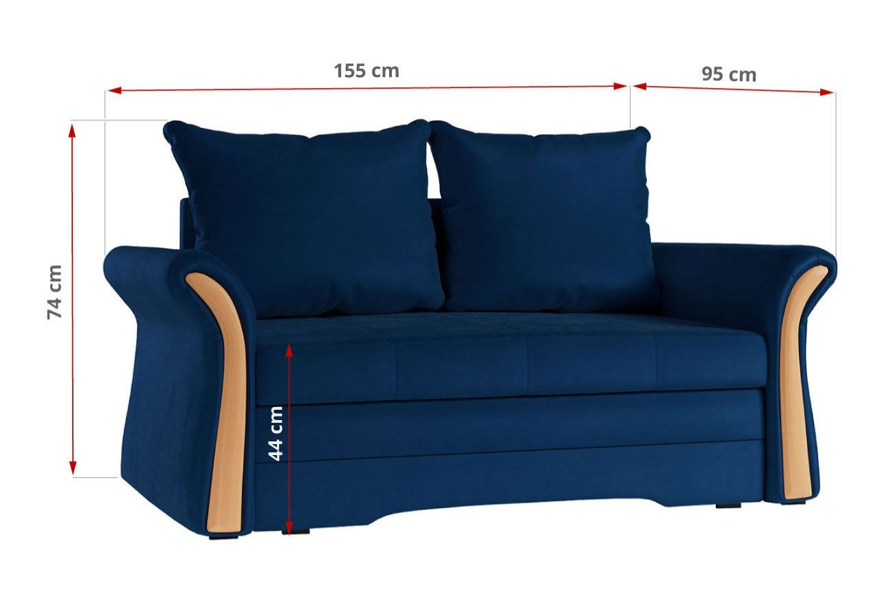 Sofa 2-osobowa granatowa, rozkładana z funkcją spania i akcentami drewnianymi do salonu - PRATO