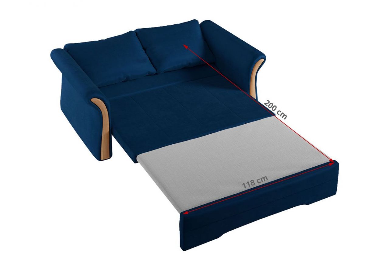 Sofa 2-osobowa granatowa, rozkładana z funkcją spania i akcentami drewnianymi do salonu - PRATO