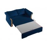 Sofa 2-osobowa granatowa, rozkładana z funkcją spania i akcentami drewnianymi do salonu - PRATO