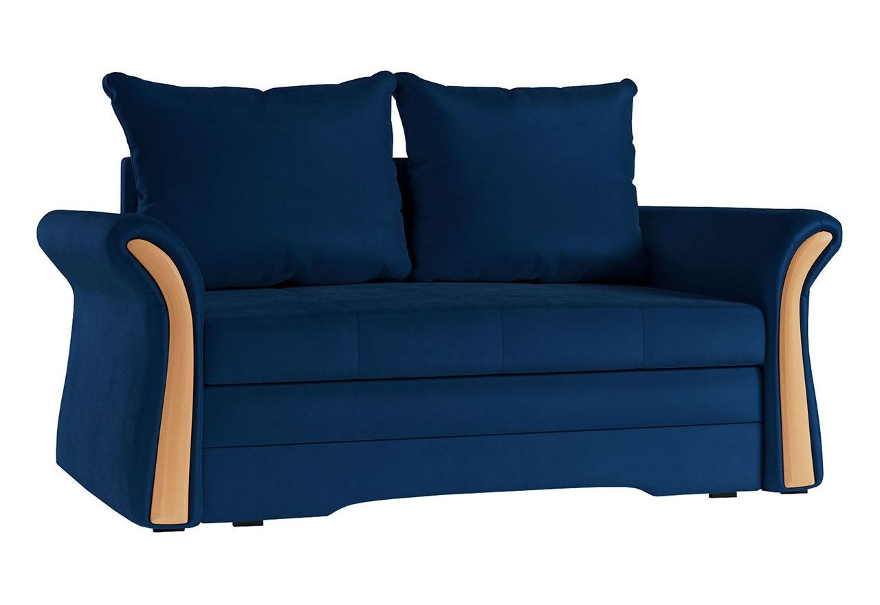 Sofa 2-osobowa granatowa, rozkładana z funkcją spania i akcentami drewnianymi do salonu - PRATO
