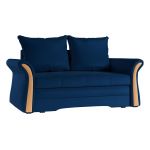Sofa 2-osobowa granatowa, rozkładana z funkcją spania i akcentami drewnianymi do salonu - PRATO