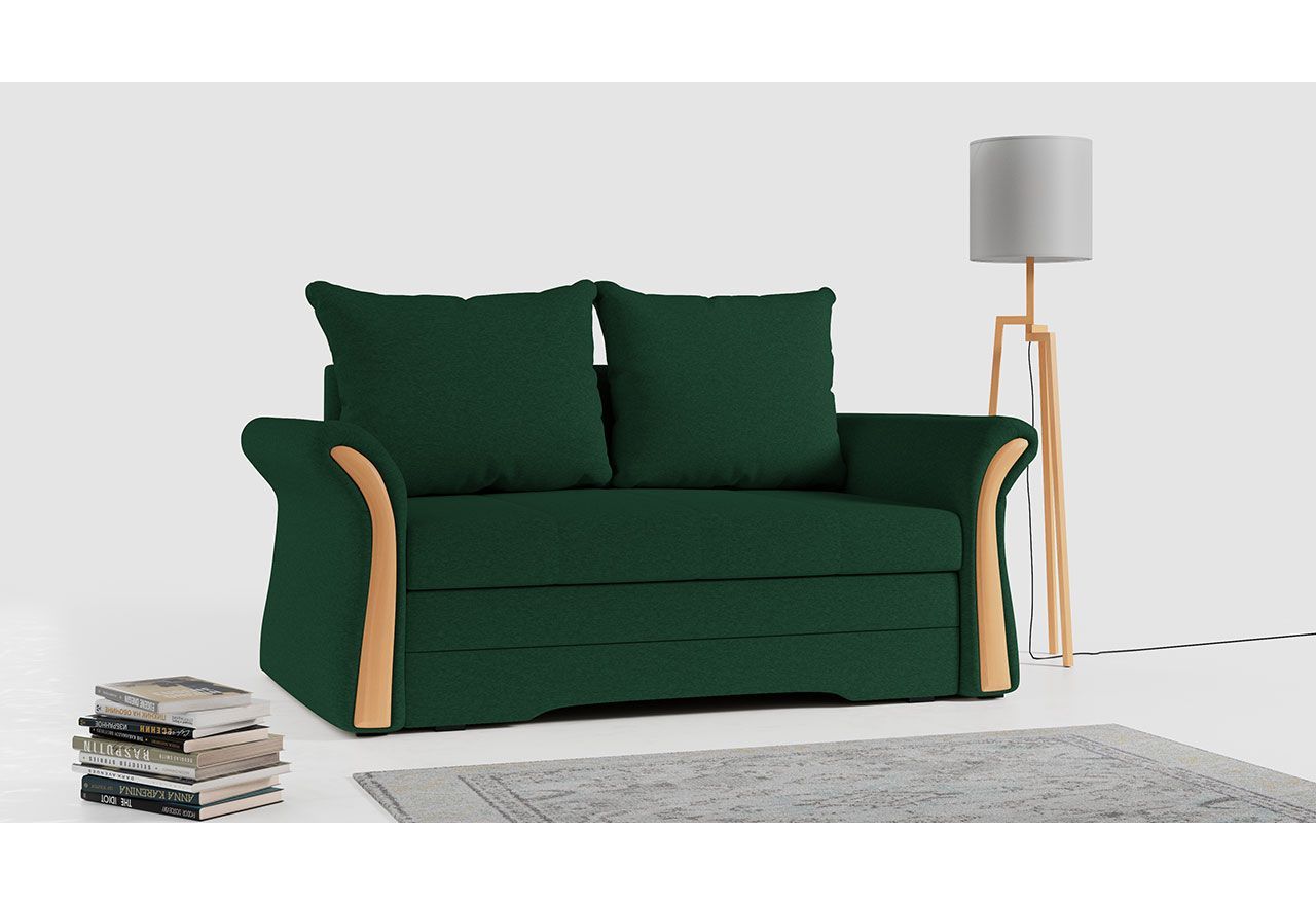 Modna, luksusowa sofa rozkładana w kolorze butelkowej zieleni do salonu, z funkcją spania i pojemnikiem na pościel - PRATO