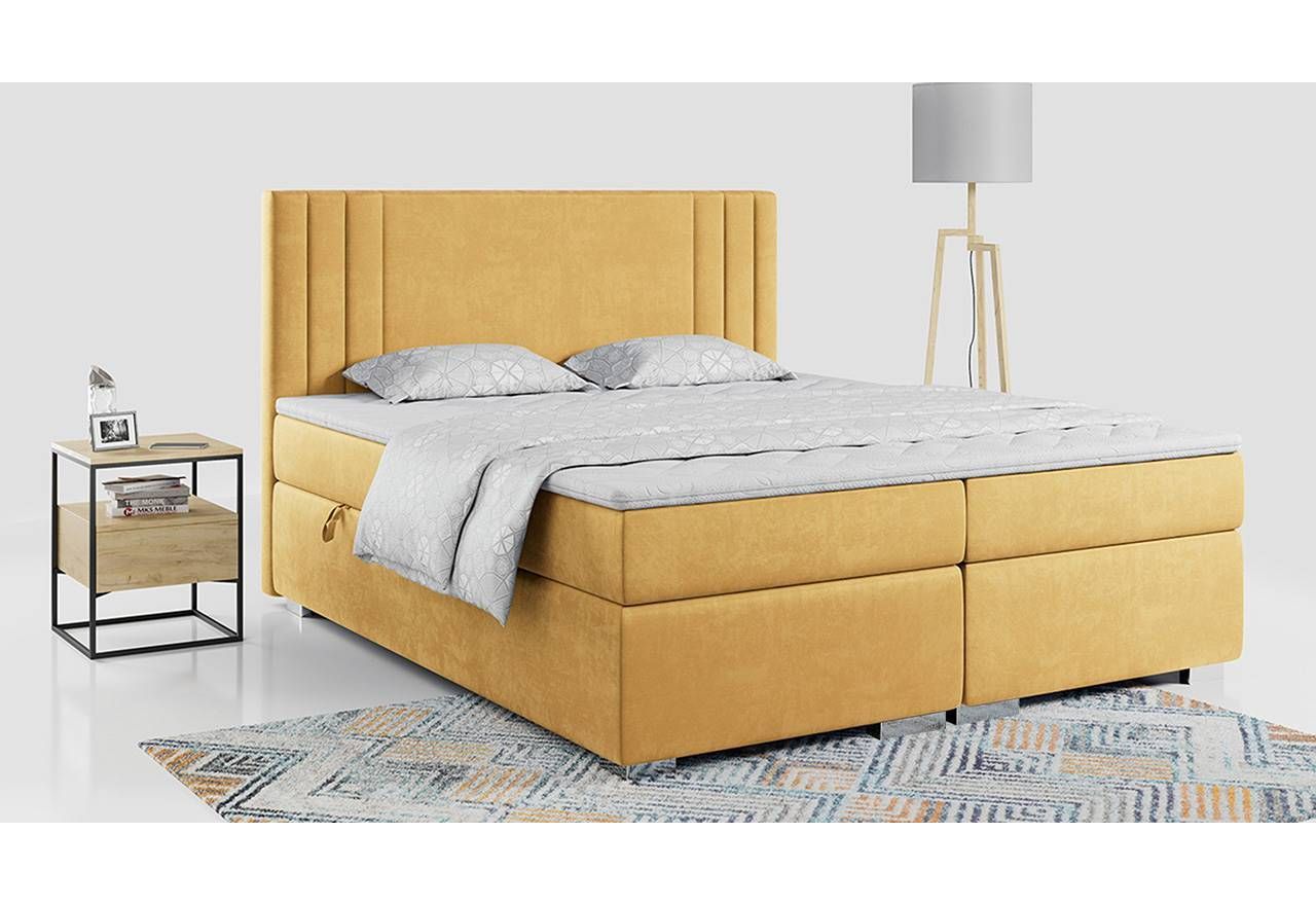 Praktyczne łóżko kontynentalne dwuosobowe z materacem i opcją pojemnika na pościel - MARISE 160x200 żółty