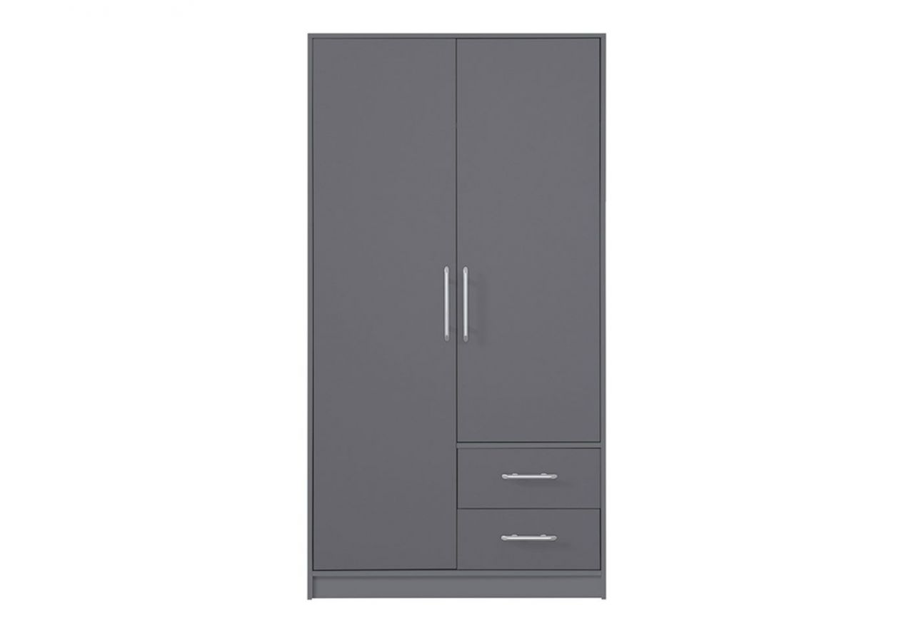 Praktyczna dwudrzwiowa szara szafa SAGOS z szufladami i drążkiem na wieszaki