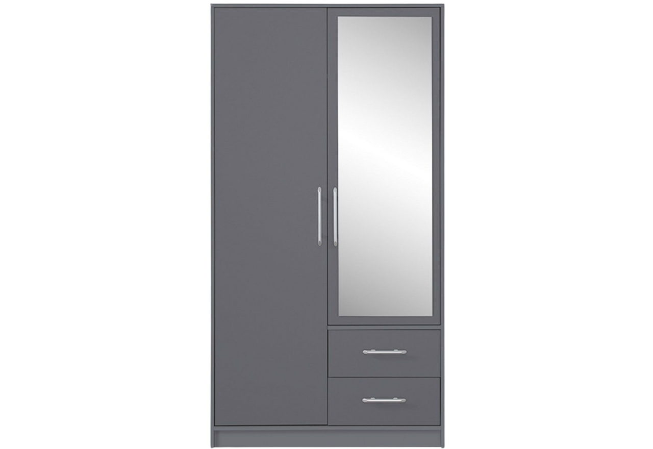 Dwudrzwiowa elegancka szafa z dużym lustrem i szufladami SAGOS szara do sypialni lub garderoby