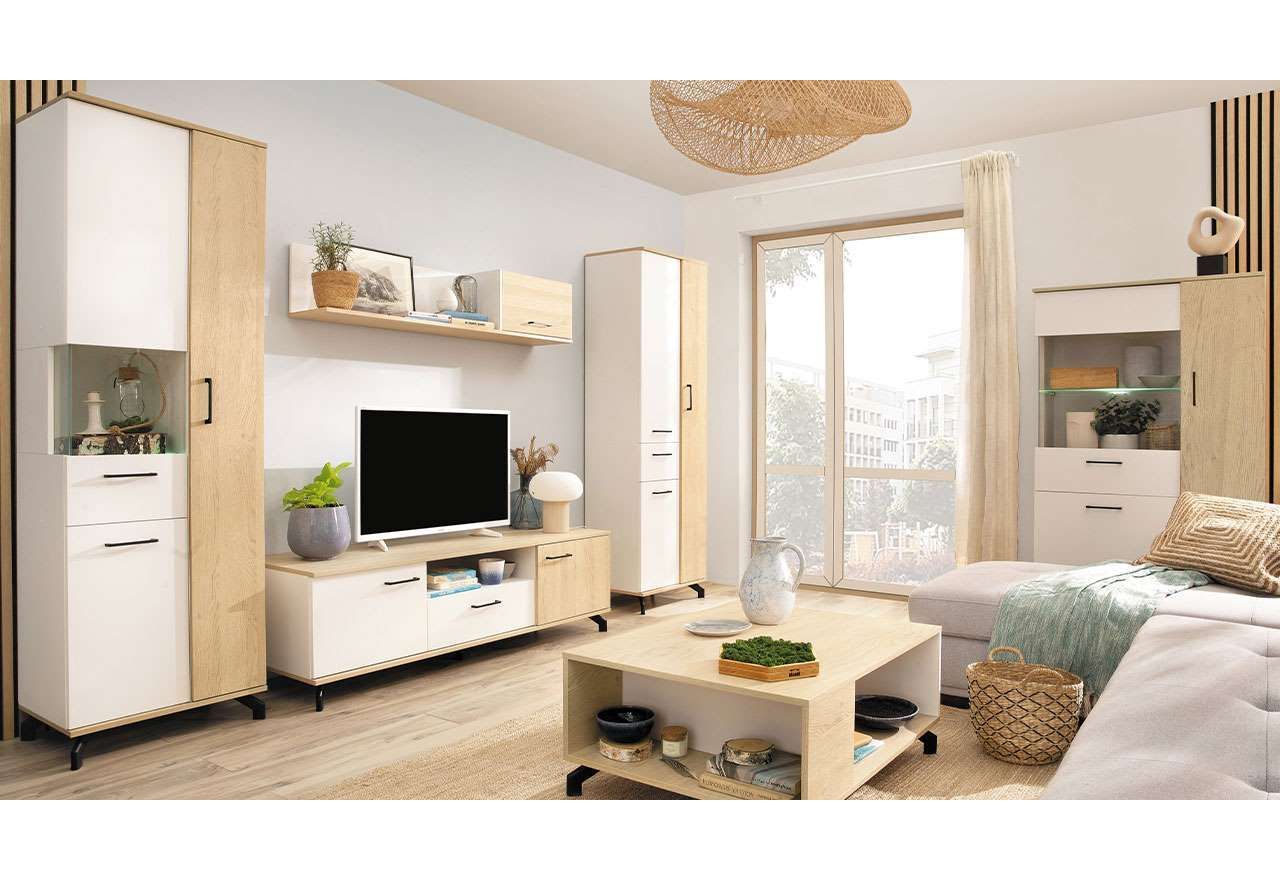 Komoda 140 cm z czterema szufladami oraz dwiema szafkami bocznymi, idealna do salonu - MALISE Biały Lux / Dąb Biszkoptowy