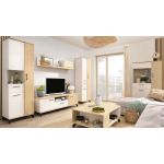 Komoda 140 cm z czterema szufladami oraz dwiema szafkami bocznymi, idealna do salonu - MALISE Biały Lux / Dąb Biszkoptowy