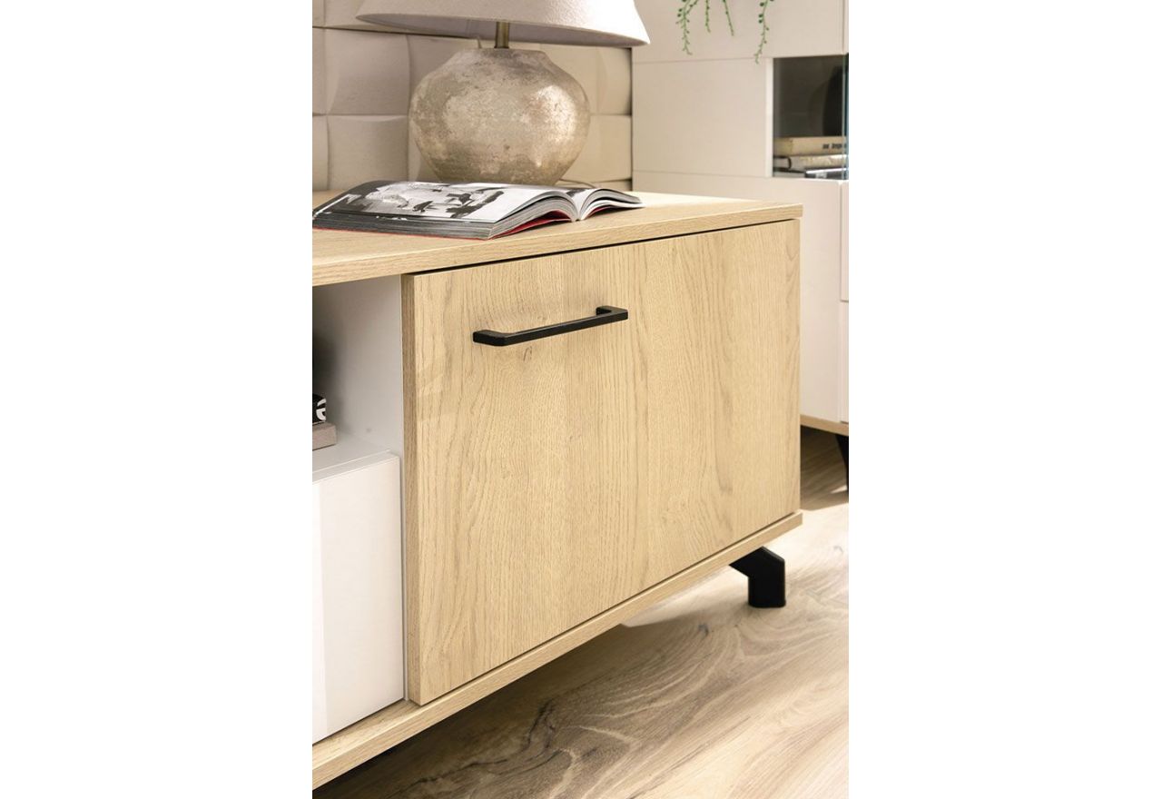 Komoda 140 cm z czterema szufladami oraz dwiema szafkami bocznymi, idealna do salonu - MALISE Biały Lux / Dąb Biszkoptowy