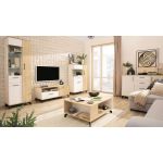 Komoda 140 cm z czterema szufladami oraz dwiema szafkami bocznymi, idealna do salonu - MALISE Biały Lux / Dąb Biszkoptowy