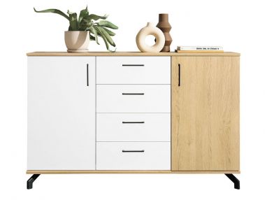 Komoda 140 cm z czterema szufladami oraz dwiema szafkami bocznymi, idealna do salonu - MALISE Biały Lux / Dąb Biszkoptowy