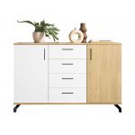 Komoda 140 cm z czterema szufladami oraz dwiema szafkami bocznymi, idealna do salonu - MALISE Biały Lux / Dąb Biszkoptowy