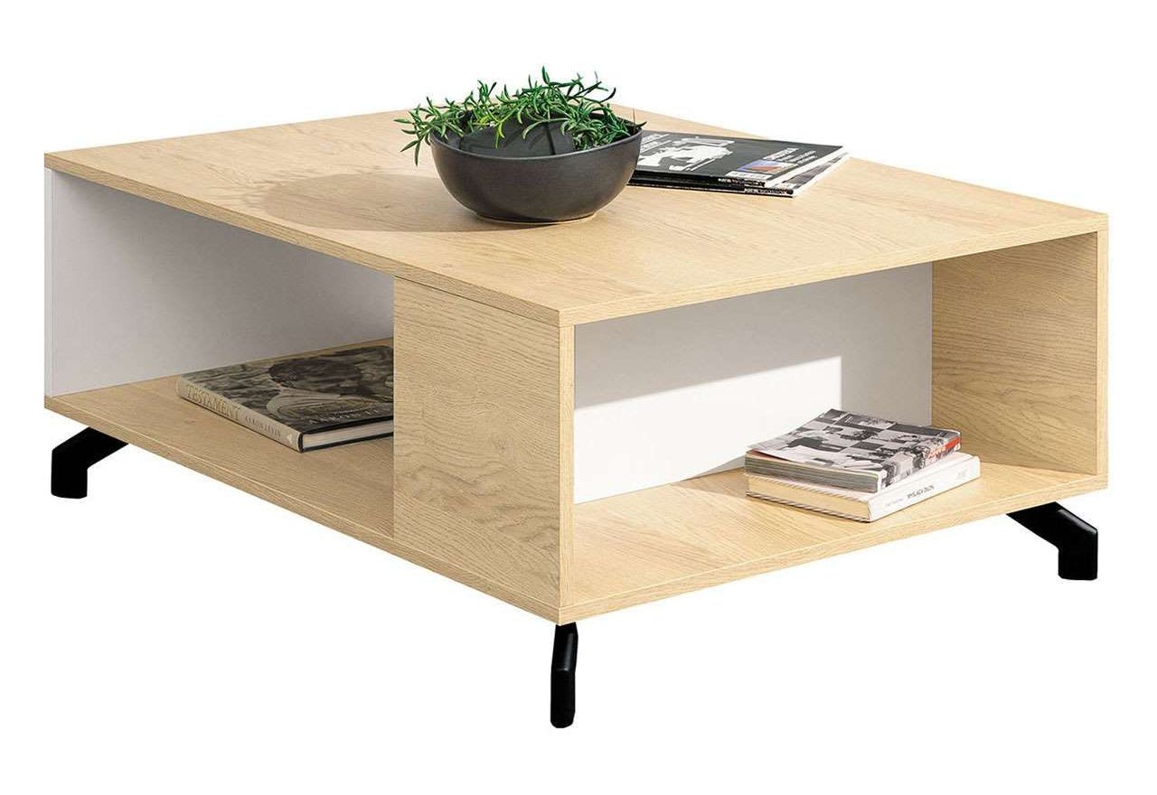 Designerski stolik kawowy z półkami, ława na metalowych, czarnych nogach - MALISE Biały Lux / Dąb Biszkoptowy