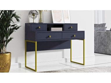 Designerskie biurko z nadstawką, w granatowym kolorze ze złotymi nogami COLETTA