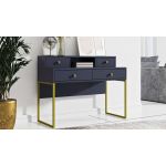 Designerskie biurko z nadstawką, w granatowym kolorze ze złotymi nogami COLETTA