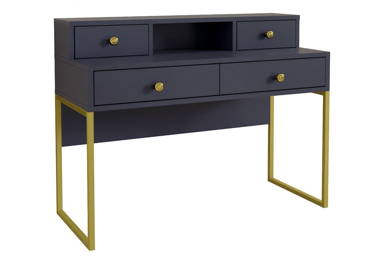 Designerskie biurko z nadstawką, w granatowym kolorze ze złotymi nogami COLETTA