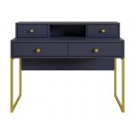 Designerskie biurko z nadstawką, w granatowym kolorze ze złotymi nogami COLETTA