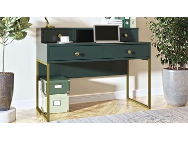 Piękne nowoczesne biurko w stylu glamour COLETTA zielono-złote z nadstawką i czterema szufladami