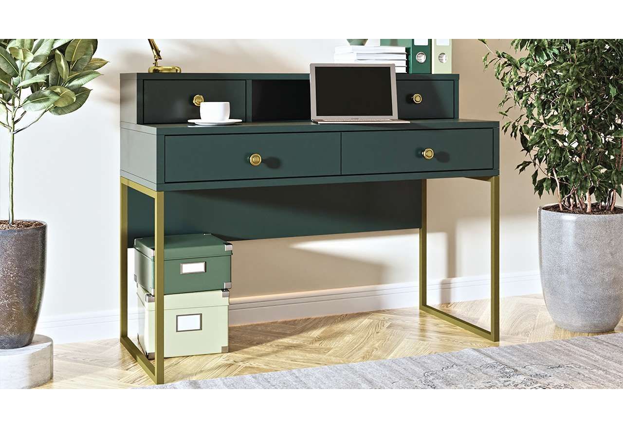 Piękne nowoczesne biurko w stylu glamour COLETTA zielono-złote z nadstawką i czterema szufladami