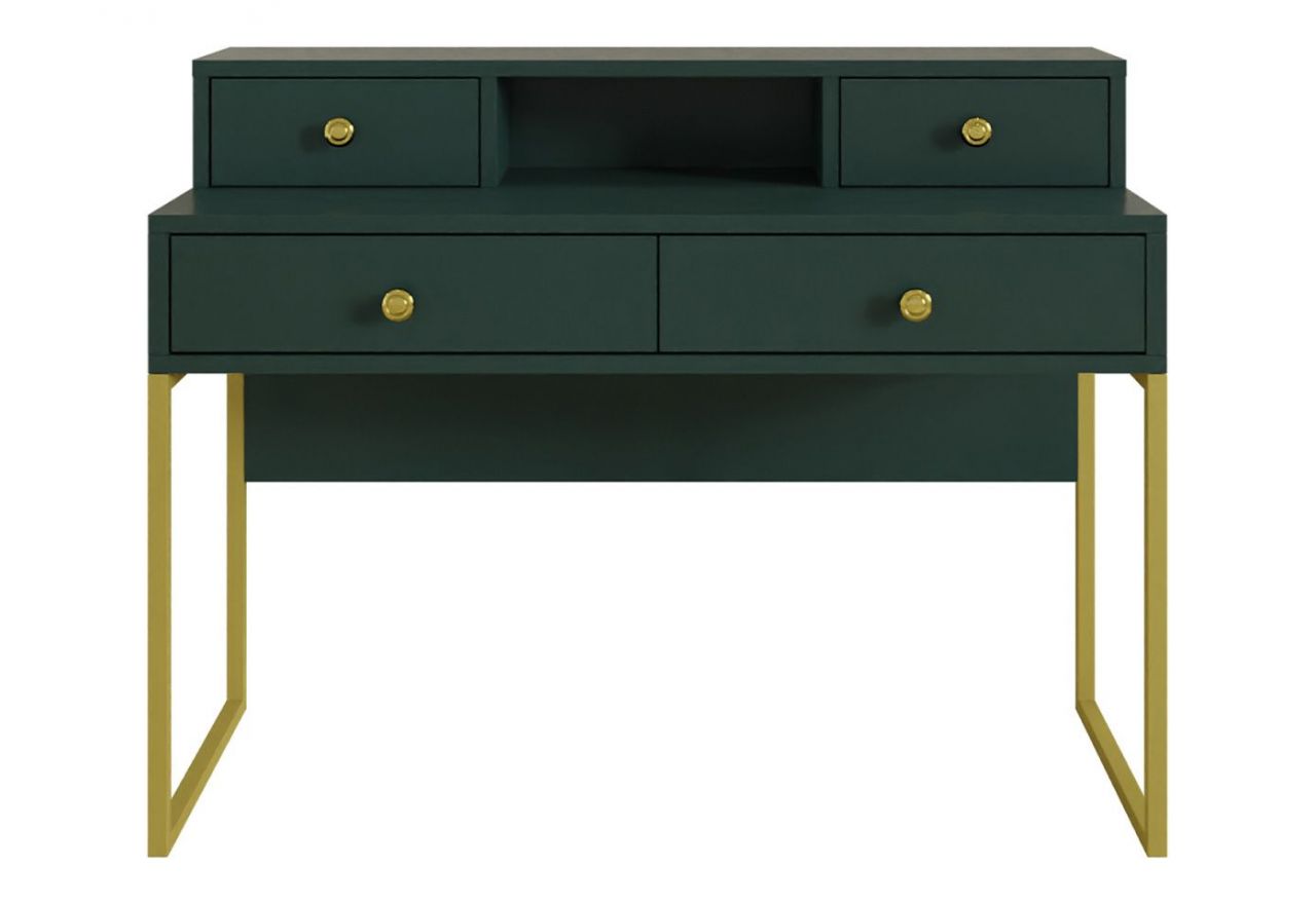 Piękne nowoczesne biurko w stylu glamour COLETTA zielono-złote z nadstawką i czterema szufladami