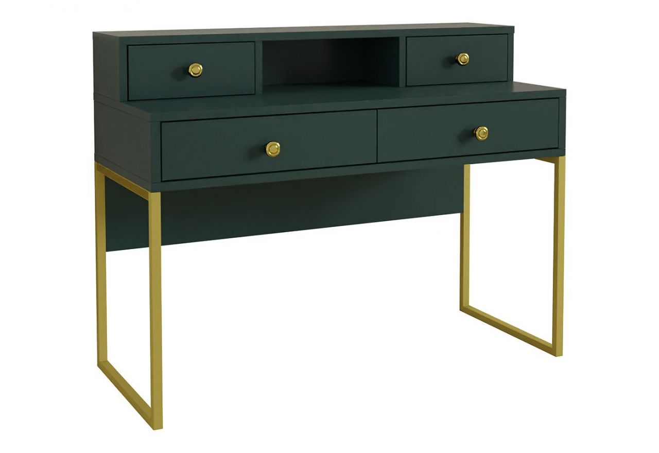 Piękne nowoczesne biurko w stylu glamour COLETTA zielono-złote z nadstawką i czterema szufladami