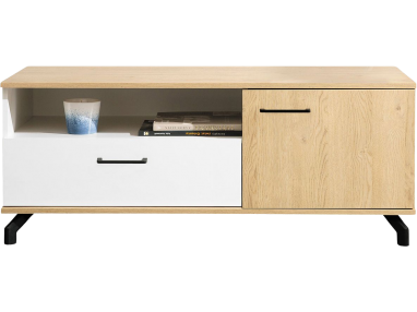 Szafka RTV stojąca 120 cm do salonu, stolik z szufladą i wnęką, na metalowych nóżkach - MALISE Biały Lux / Dąb Biszkoptowy