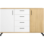 Komoda 140 cm z czterema szufladami oraz dwiema szafkami bocznymi, idealna do salonu - MALISE Biały Lux / Dąb Biszkoptowy