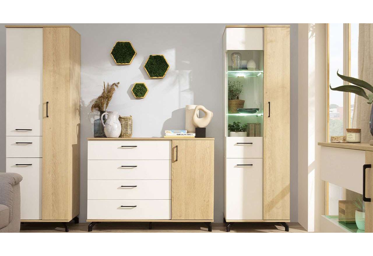 Komoda 140 cm z czterema szufladami oraz dwiema szafkami bocznymi, idealna do salonu - MALISE Biały Lux / Dąb Biszkoptowy