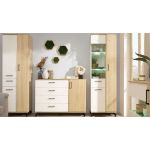 Komoda 140 cm z czterema szufladami oraz dwiema szafkami bocznymi, idealna do salonu - MALISE Biały Lux / Dąb Biszkoptowy