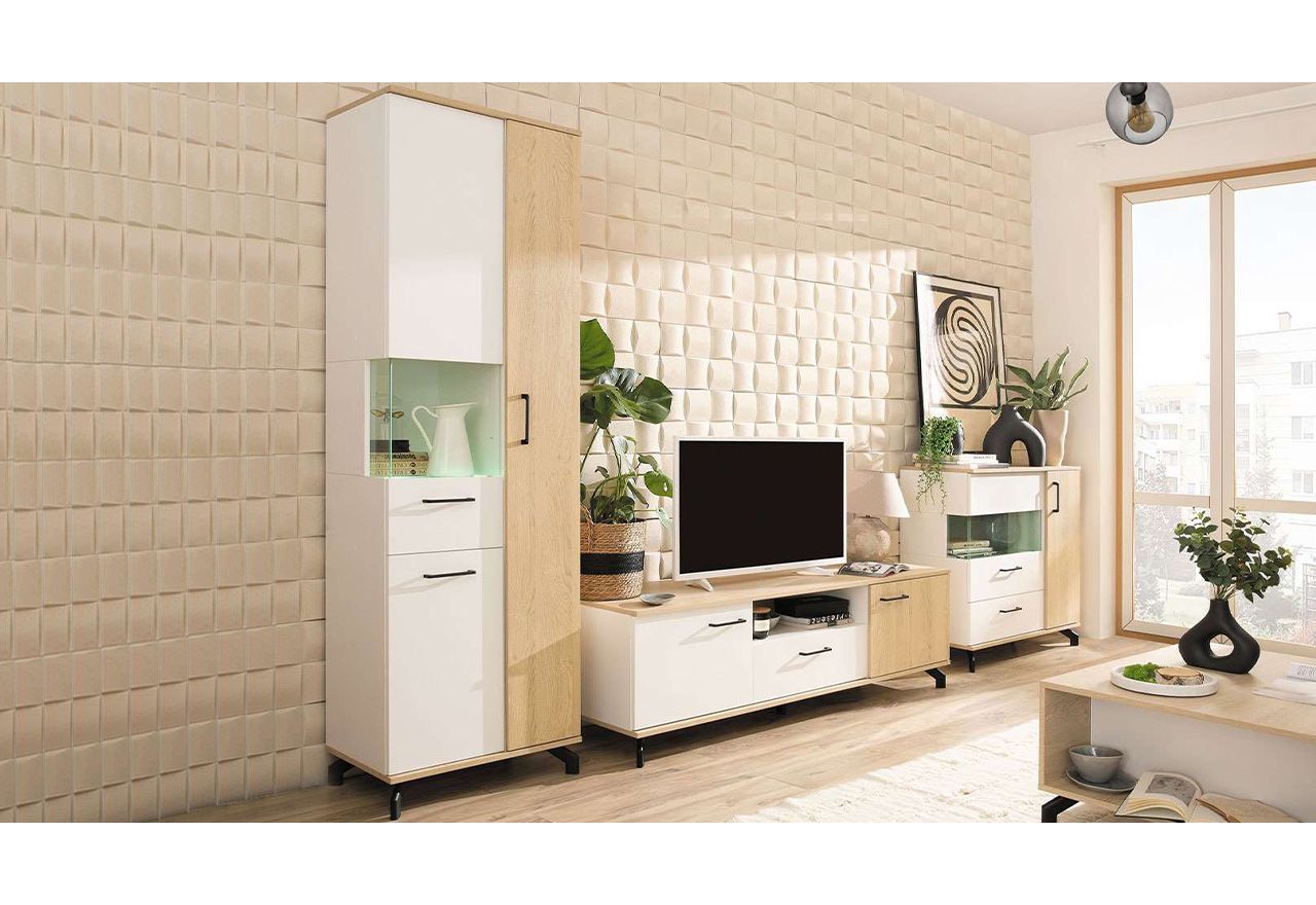 Komoda 140 cm z czterema szufladami oraz dwiema szafkami bocznymi, idealna do salonu - MALISE Biały Lux / Dąb Biszkoptowy