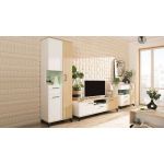 Komoda 140 cm z czterema szufladami oraz dwiema szafkami bocznymi, idealna do salonu - MALISE Biały Lux / Dąb Biszkoptowy