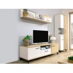 Komoda 140 cm z czterema szufladami oraz dwiema szafkami bocznymi, idealna do salonu - MALISE Biały Lux / Dąb Biszkoptowy