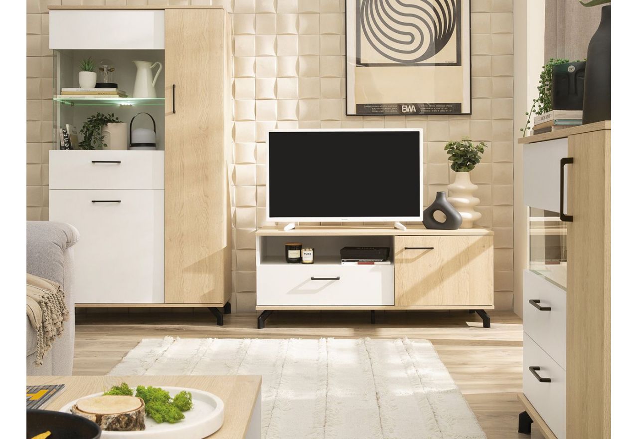 Komoda 140 cm z czterema szufladami oraz dwiema szafkami bocznymi, idealna do salonu - MALISE Biały Lux / Dąb Biszkoptowy