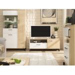 Komoda 140 cm z czterema szufladami oraz dwiema szafkami bocznymi, idealna do salonu - MALISE Biały Lux / Dąb Biszkoptowy