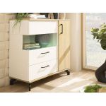 Komoda 140 cm z czterema szufladami oraz dwiema szafkami bocznymi, idealna do salonu - MALISE Biały Lux / Dąb Biszkoptowy