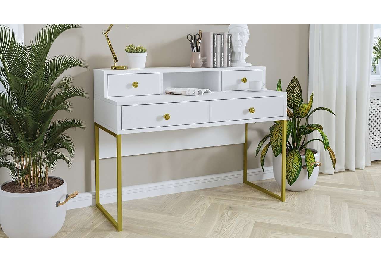 Eleganckie biurko w stylu glamour z białym blatem i złotymi nogami COLETTA