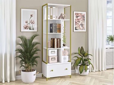 Piękny biało-złoty regał w stylu glamour COLETTA z elementami stalowymi i wieloma półkami