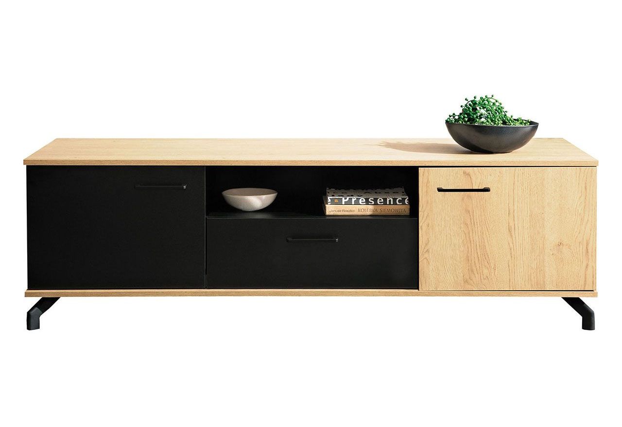 Modna szafka RTV 160 cm z szufladą, stolik w stylu industrialnym, idealna do salonu - MALISE Czarny / Dąb Biszkoptowy